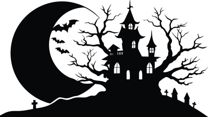 Vector art of oval silhouette of a haunted castle with a spooky tree and many bats