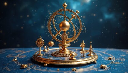 Ornate golden orrery displays planets, stars against deep blue night sky. Complex mechanical model rests on table evoking astronomical themes. Intricate design represents celestial mechanics,
