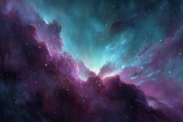 Fototapeta premium A cosmic scene depicts ethereal nebulae, showcasing vibrant purples, blues, and twinkling stars