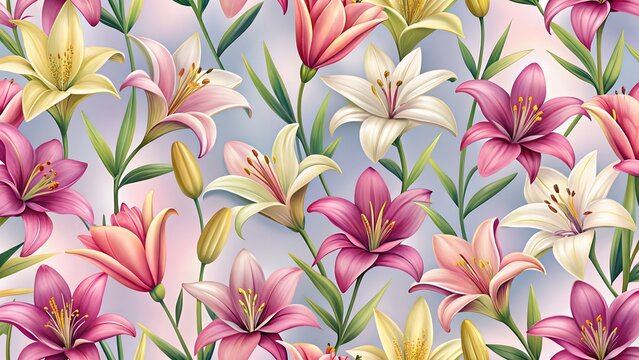Vibrant seamless pattern of colorful lilies in pink, yellow, and white with green leaves on a soft blue background