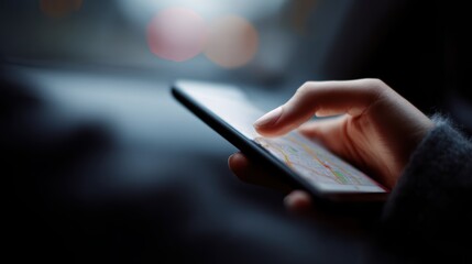 Close-up of a woman hand using GPS navigation on a smartphone, blurred car interior in background. Road trip and mobile navigation concept