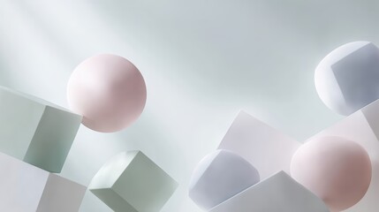 Geometric pastel shapes like spheres and cubes displayed artistically on a smooth backdrop.