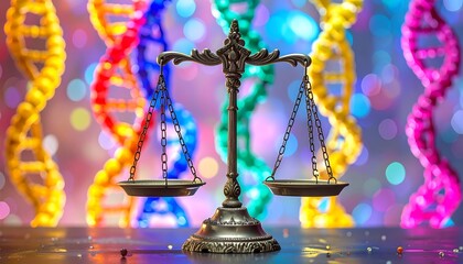 A silver balance scale sits prominently against a vibrant backdrop of blurred, multi-colored DNA helix structures