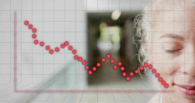 Mid-adult woman monitoring performance, translucent grid forming with red points cascading diagonal