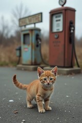 A tiny kitten stands on the asphalt near an old gas station, with rusty pumps and a faded sign in the background
