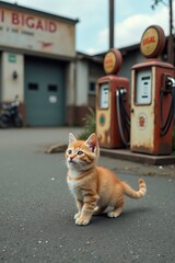 A tiny kitten stands on the asphalt near an old gas station, with rusty pumps and a faded sign in the background
