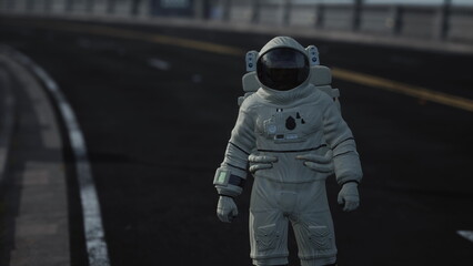 An astronaut stands alone on a deserted road, surrounded by vast open space. The scene captures a moment of solitude, with soft colors from the setting sun.