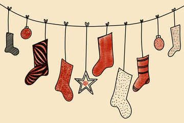 Festive Christmas card with stockings and ornaments