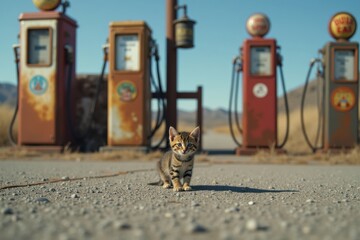 A tiny kitten stands on the asphalt near an old gas station, with rusty pumps and a faded sign in the background