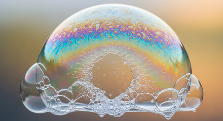 Iridescent soap bubble displays rainbow colors and delicate foam patterns.