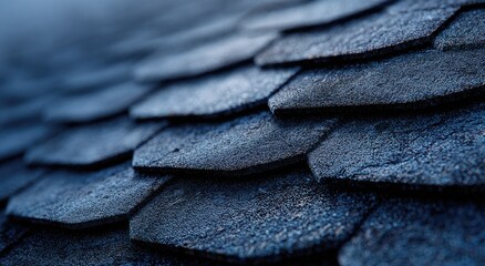 Close-up, textured view of layered, overlapping, dark roof tiles with a shallow depth of field