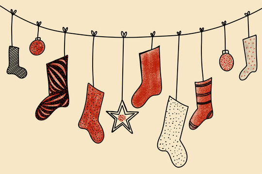 Festive Christmas card with stockings and ornaments