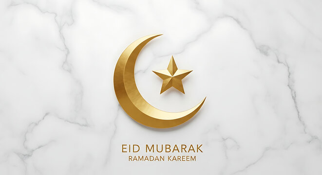 Golden crescent moon and star with eid mubarak ramadan kareem on marble textured background design