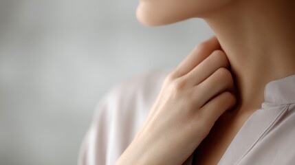 Close-up of female with sore throat, gently touching neck area, showing signs of inflammation and painful swallowing. Health and medical concept