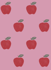 Simple apple seamless pattern with a crayon texture. Minimalist hand-drawn red fruit on a pink background. Cute and healthy food illustration for kitchen decor, fabric, or wallpaper.