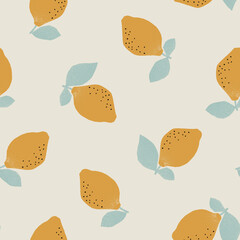 Minimalist lemon seamless pattern with a simple texture. Modern Scandinavian style fruit background. Fresh and clean citrus illustration for kitchen decor, fabric, or wallpaper design.