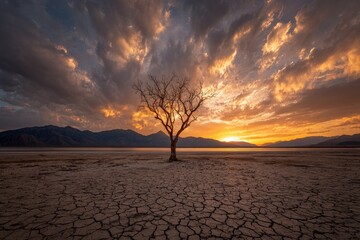 A solitary tree silhouetted against a fiery sunset over a cracked, desolate landscape with mountains