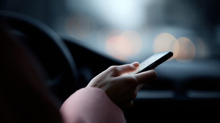 Woman checking route on smartphone GPS while in car, hand in focus, interior blurred. Navigation, road trip, and digital mapping concept