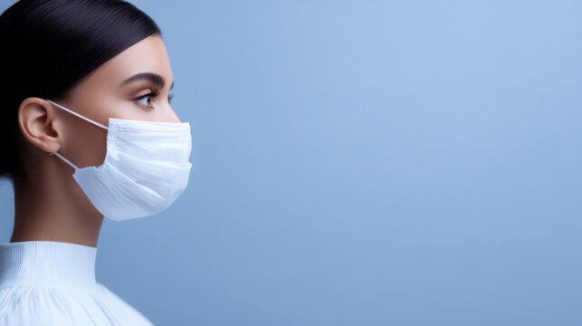 Close-up of a woman wearing a protective mask, looking sideways with copy space, isolated on blue background. Concept of flu, allergies, and virus protection during COVID-19