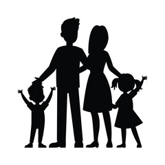 Happy Family of Four Silhouettes on White Background