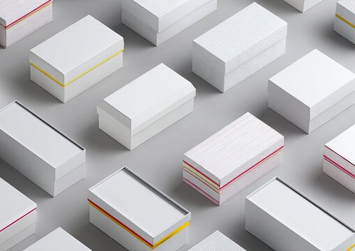 High-angle shot of numerous neat rectangular stacks of paper with colored edges and bands on a neutral backdrop