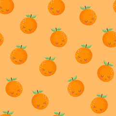 Cute orange seamless pattern with kawaii sleeping faces. Sweet citrus fruit background for kids. Playful and healthy food illustration for nursery fabric, kitchen wallpaper, or summer design.