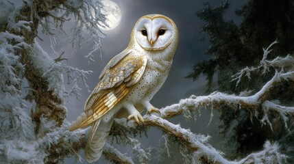 Barn owl sits on snowy branch with night sky background, could be used for nature themed designs