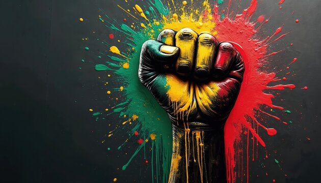 Dark background highlights raised fist Juneteenth celebration. Vibrant paint splashes in Pan African colors represent triumph, liberation. Image conveys power solidarity, historical remembrance.