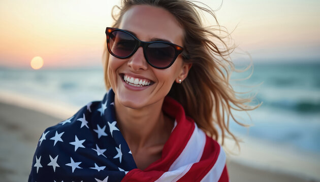 Smiling woman embraces American flag at beach during sunset. She wears sunglasses and enjoys a joyful summer moment by the ocean. The scene radiates patriotism and happiness on coastal shore.