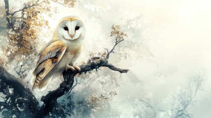 Barn owl perches on a branch in a light forest, serene scene for nature illustration
