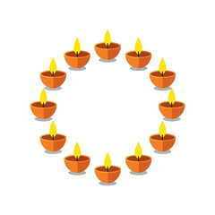 A circular arrangement of festive diyas glowing with warm light, symbolizing Diwali celebration and illumination
