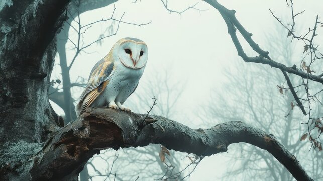 Barn owl perched on tree branch, misty background, nature, wildlife, conservation imagery