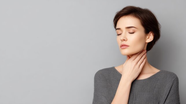 Young woman holding her throat with a painful expression, isolated on gray background. Symbol of throat infection, laryngeal swelling, or thyroid discomfort