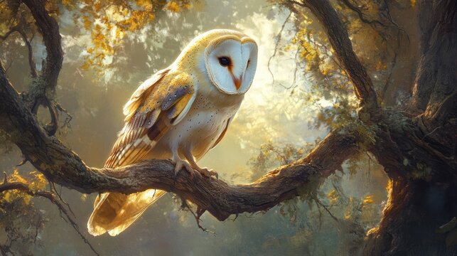 Owl perched on tree branch, sunlit forest backdrop, nature shot