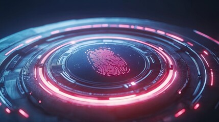 Futuristic biometric authentication system with glowing fingerprint scanner interface