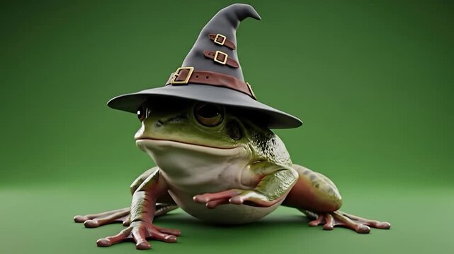 Green frog wearing a black witch hat with buckles amphibian