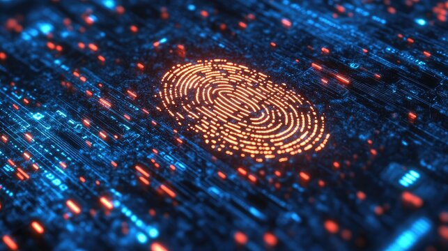 Digital fingerprint for biometric authentication and cybersecurity in a futuristic technology concept
