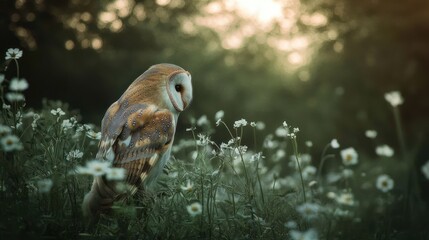Barn owl stands in daisies, blurred trees; for nature or wildlife