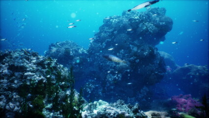 Fototapeta premium Brightly colored fish swim gracefully through a lively coral reef. Sunlight filters down, illuminating the diverse marine life in an underwater paradise.