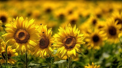 Vibrant sunflower field with bright yellow blooms in full bloom under natural light
