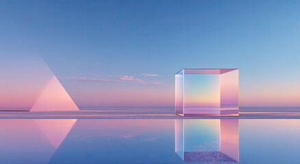 Minimalist scene with reflective surface showcasing a geometric cube and triangular shape