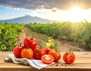 Fresh tomatoes on wooden table with field and mountain in background
