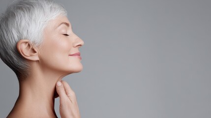 Profile portrait of a serene elderly woman with gray hair, gently touching her chin and smiling with closed eyes. Spa rejuvenation and skincare concept, gray background