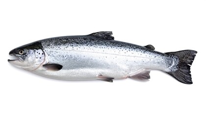 Obraz premium A silver, freshwater fish sits isolated on a white background, viewed from the side. Tail fins are visible