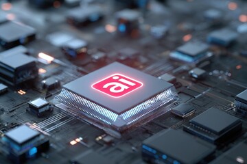 Close-up of an integrated circuit, lit with blue and red accents, surrounded by circuit board details