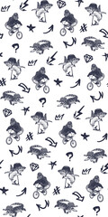Graffiti seamless pattern with stencil texture. Abstract street art background with a monkey on a bicycle. Monochrome urban doodle illustration for edgy fabric, wallpaper, or modern print design.