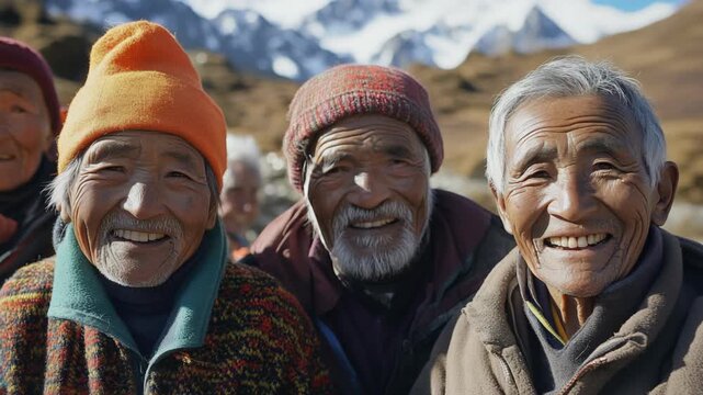 group of senior Nepalese old men smiling together at rural countryside outdoor with snowcap mountain as background