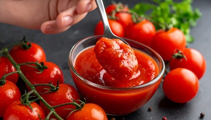 A spoon scoops up a dollop of smooth, vibrant red sauce from a glass bowl, surrounded by fresh tomatoes