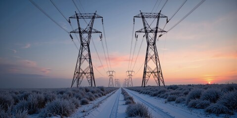electricity pylons in the snow