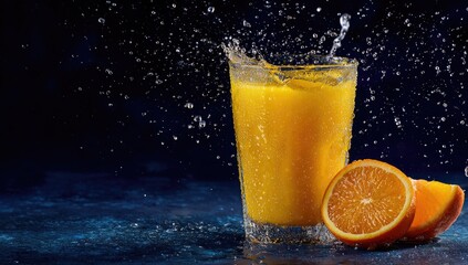 A glass of citrus beverage with water splashing. Sliced fruit complements the composition
